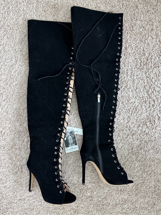 Shoes - Women's Black Lace-Up Over-the-Knee Peep-Toe Heeled Boots